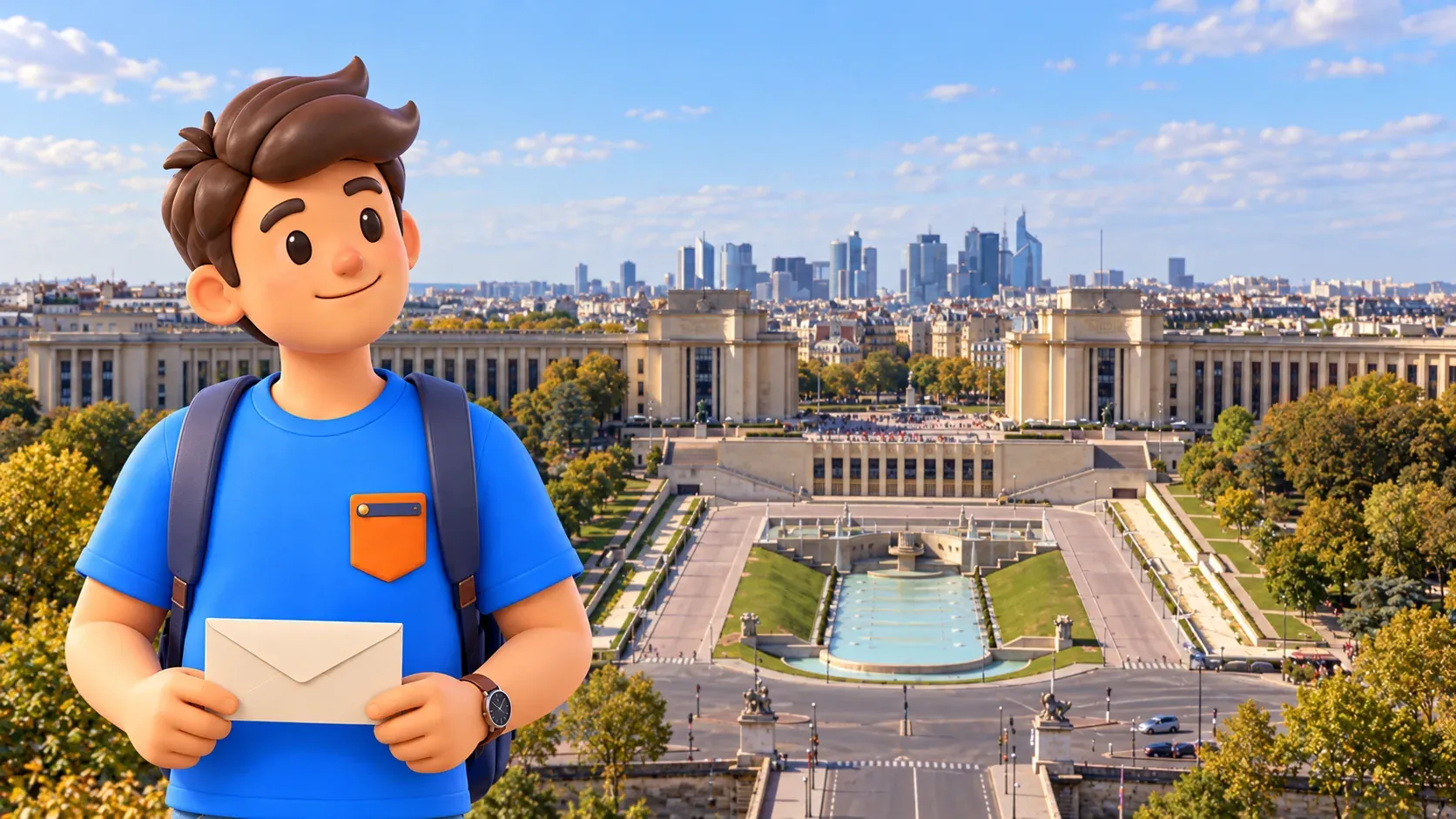 El personaje de RoadMe sostiene un sobre cerrado ante las alas de Chaillot y su perspectiva central abierta.