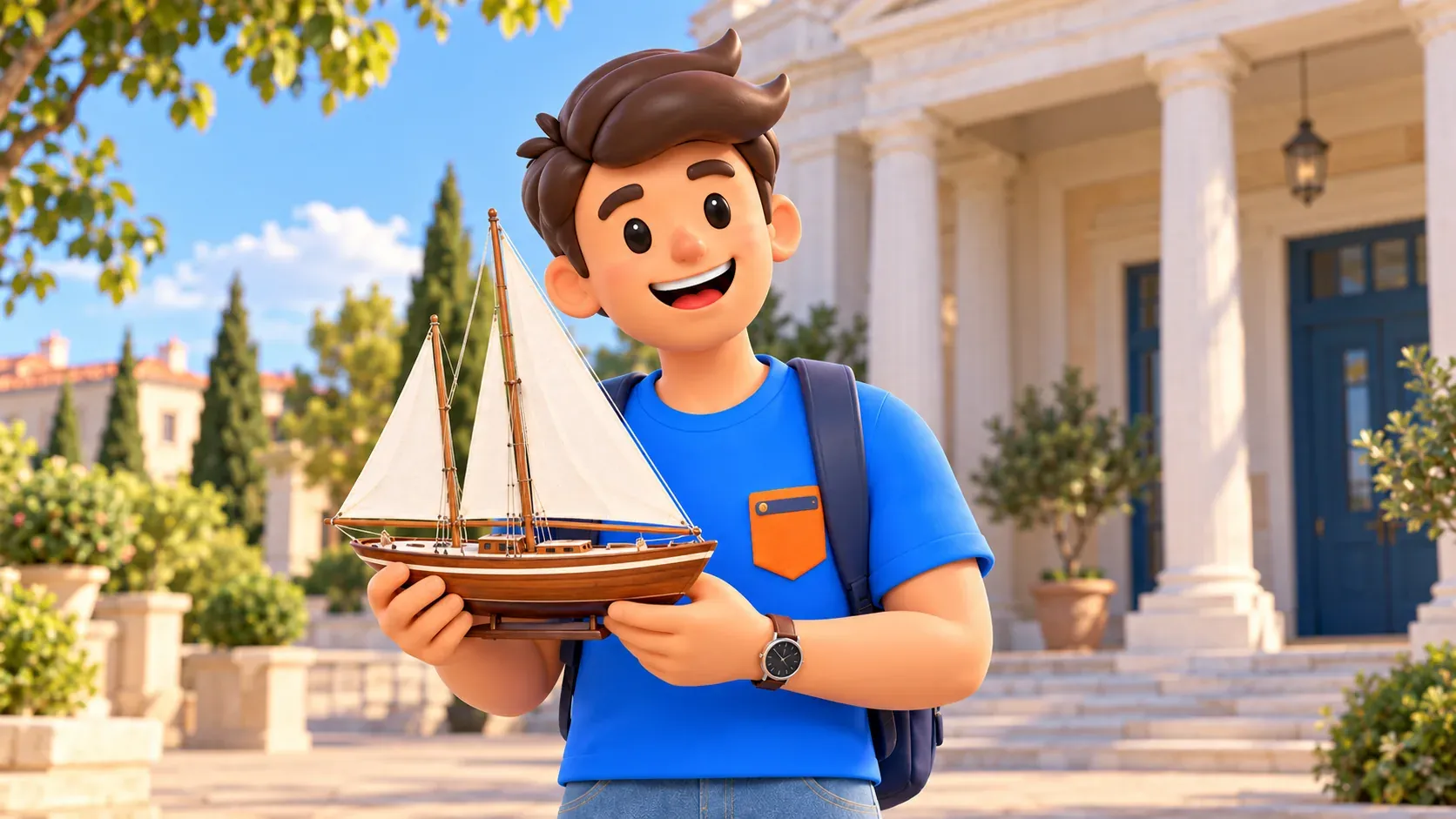 Viajero sosteniendo su propio modelo de velero ante un edificio inspirado en Noble Maritime Collection.