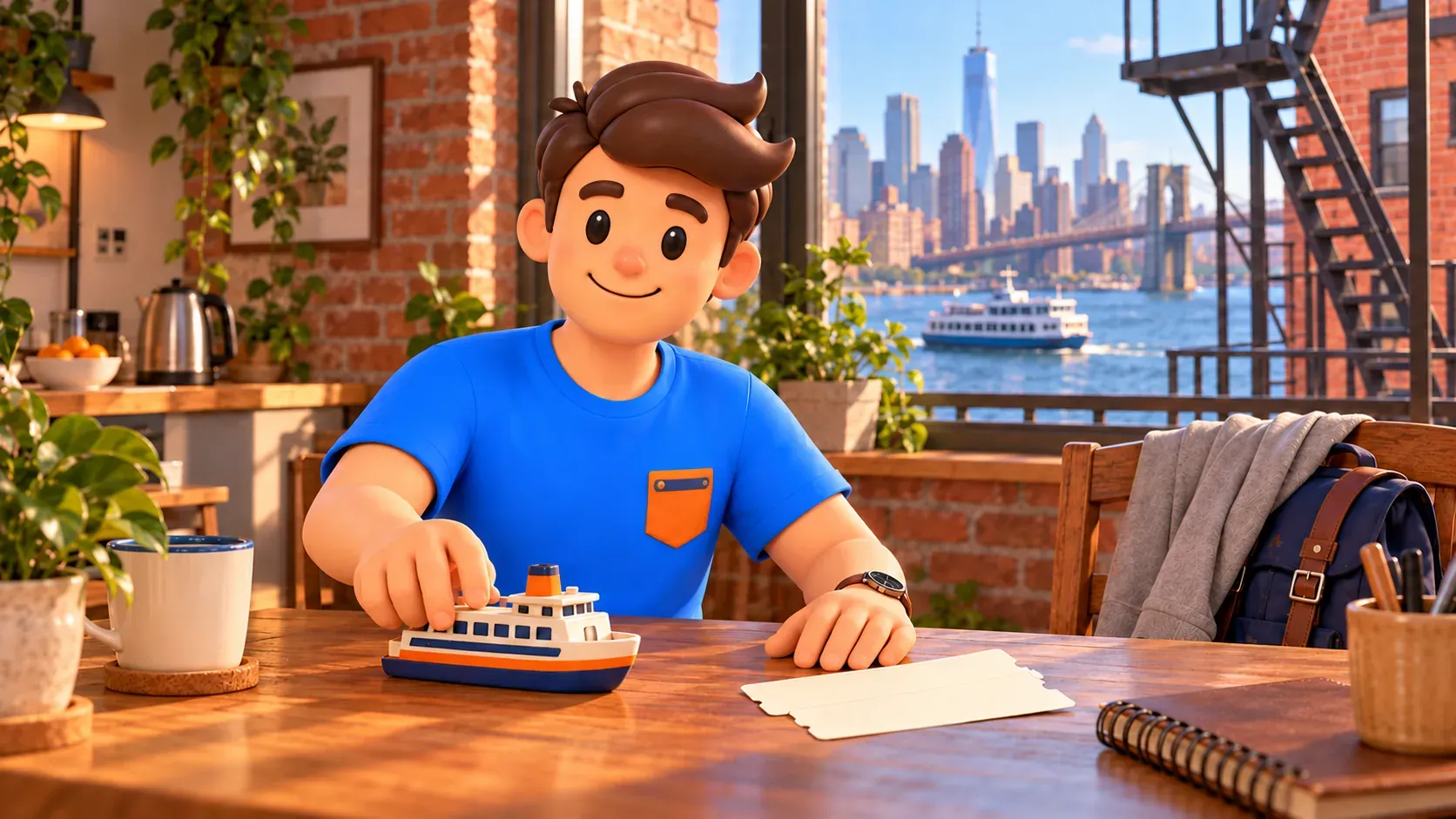Illustration imaginaire d’un voyageur avec son ferry miniature chez lui, pas dans une vraie gare maritime.