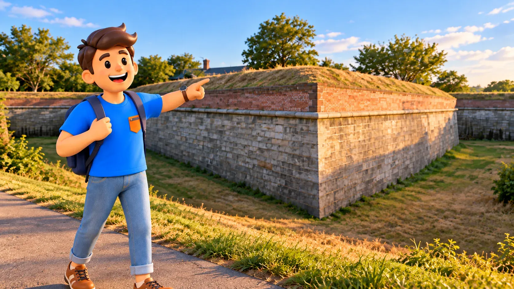 Illustration d’un voyageur observant un bastion et le fossé sec de Fort Jay depuis un chemin public.