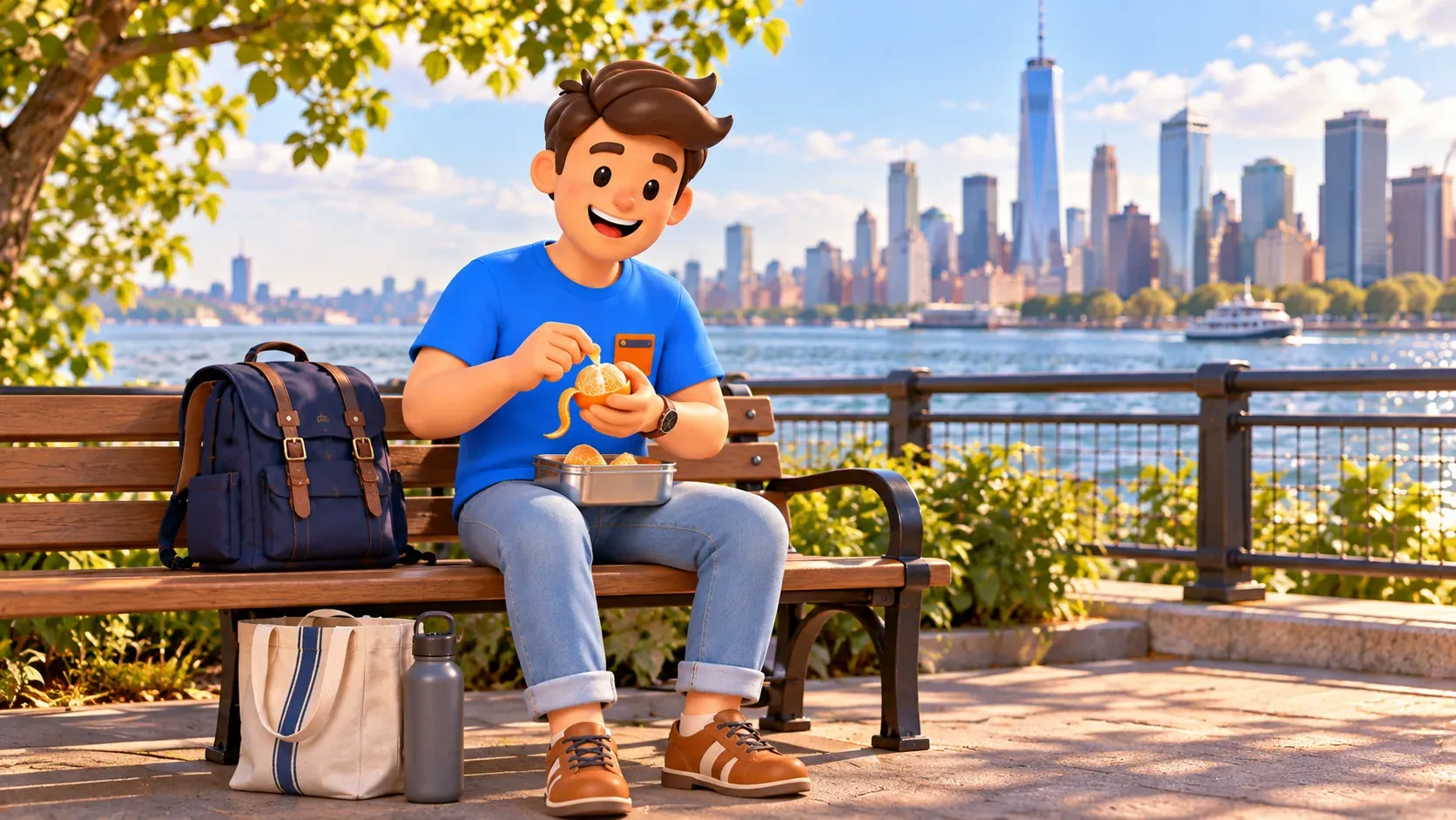 Illustration d’un voyageur épluchant son orange sur un banc près du port, face à Manhattan.