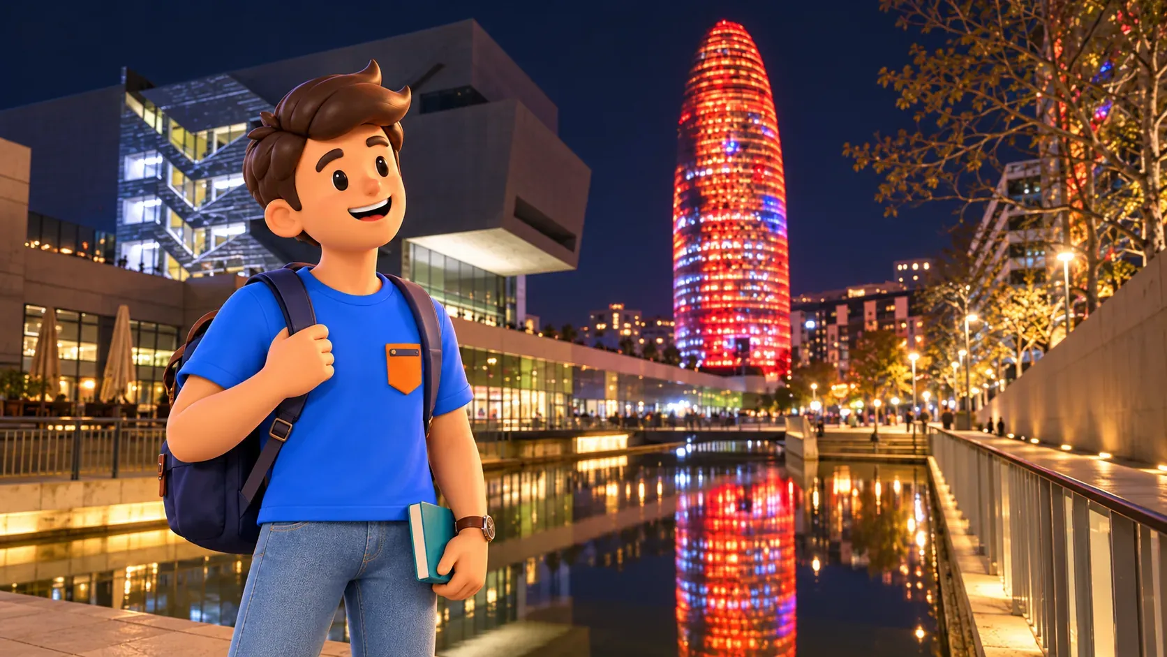 Illustration of a traveller with a closed book outside the illuminated Torre Glòries beside the Disseny Hub reflecting pool.