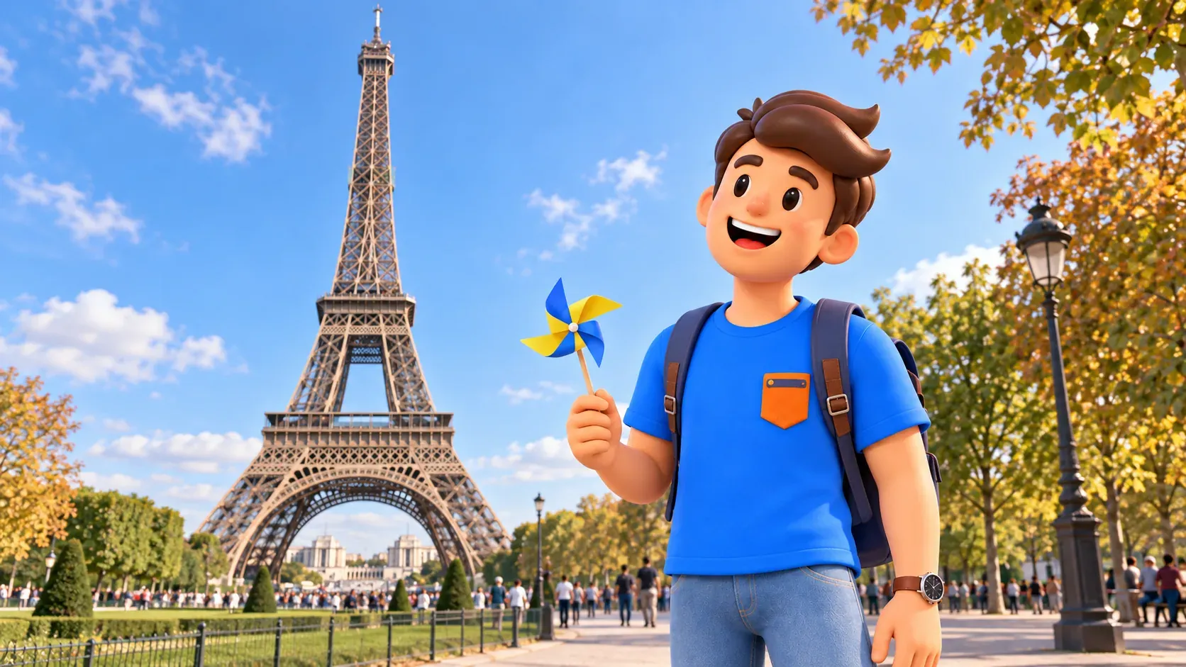 El personaje de RoadMe sostiene un molinillo de papel y mira la estructura de hierro de la Torre Eiffel.