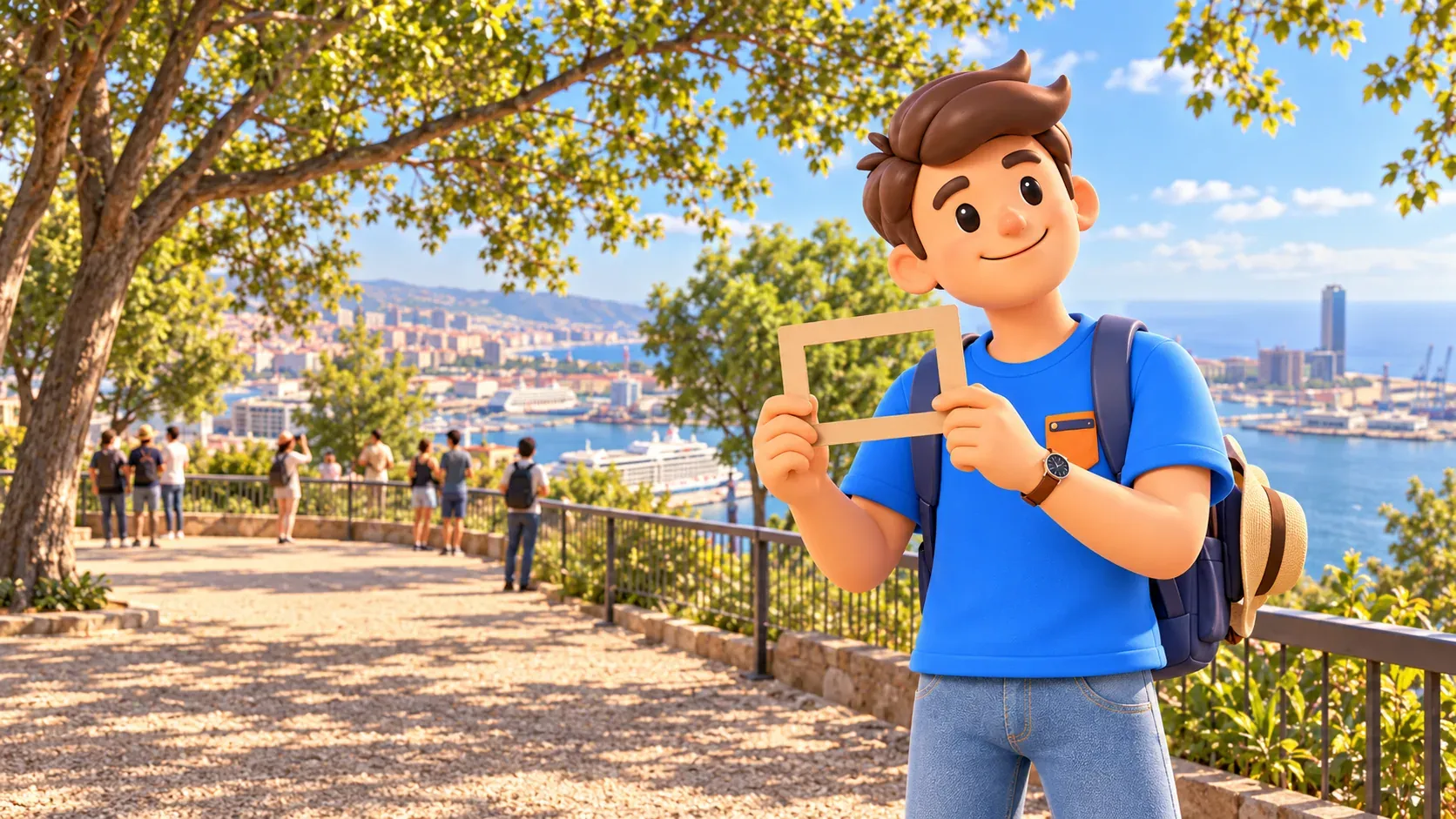 Illustration of a traveller holding an empty cardboard viewfinder in the l’Alcalde gardens above the port and coast.