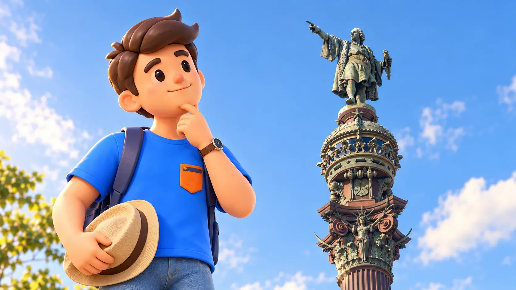 Illustration of a thoughtful traveller holding a hat with the upper column and statue of the Columbus Monument behind him.