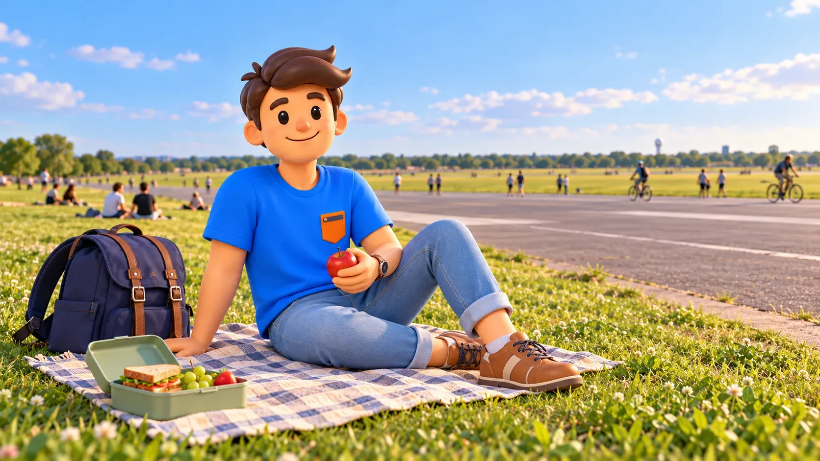 Illustration eines Reisenden mit Apfel auf einer Picknickdecke neben einem befestigten Weg.