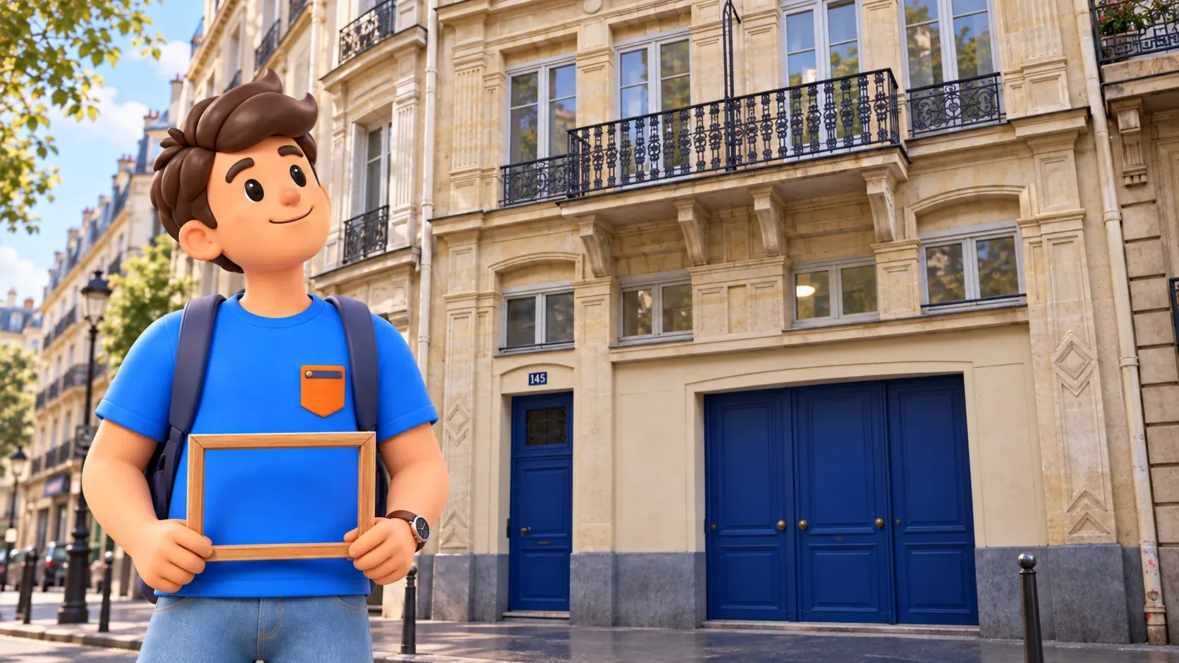 Mascot holding an empty wooden frame at waist height and looking up at façade details.