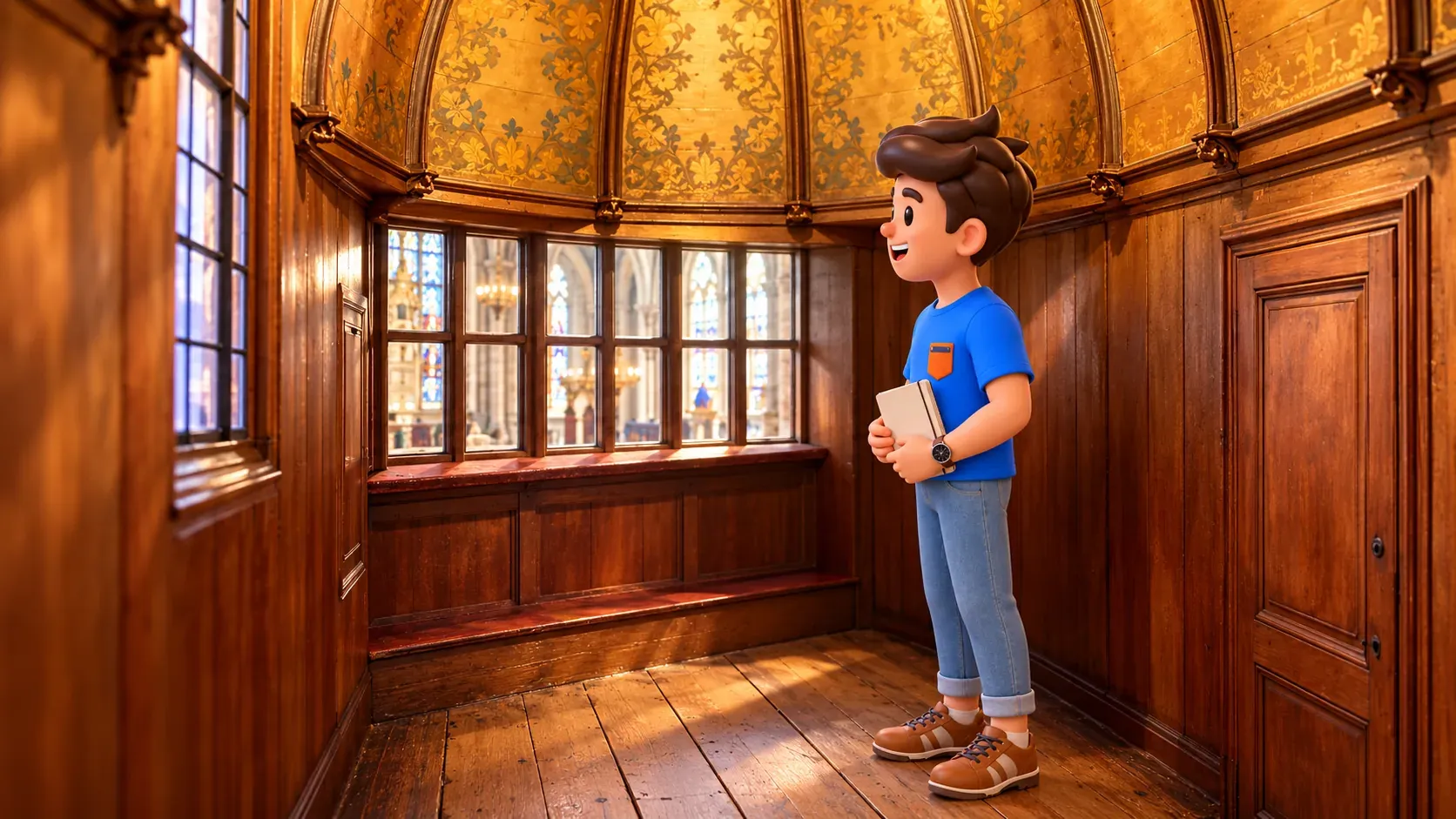 Personaje con cuaderno cerrado junto a la ventana del oratorio histórico de Gruuthuse