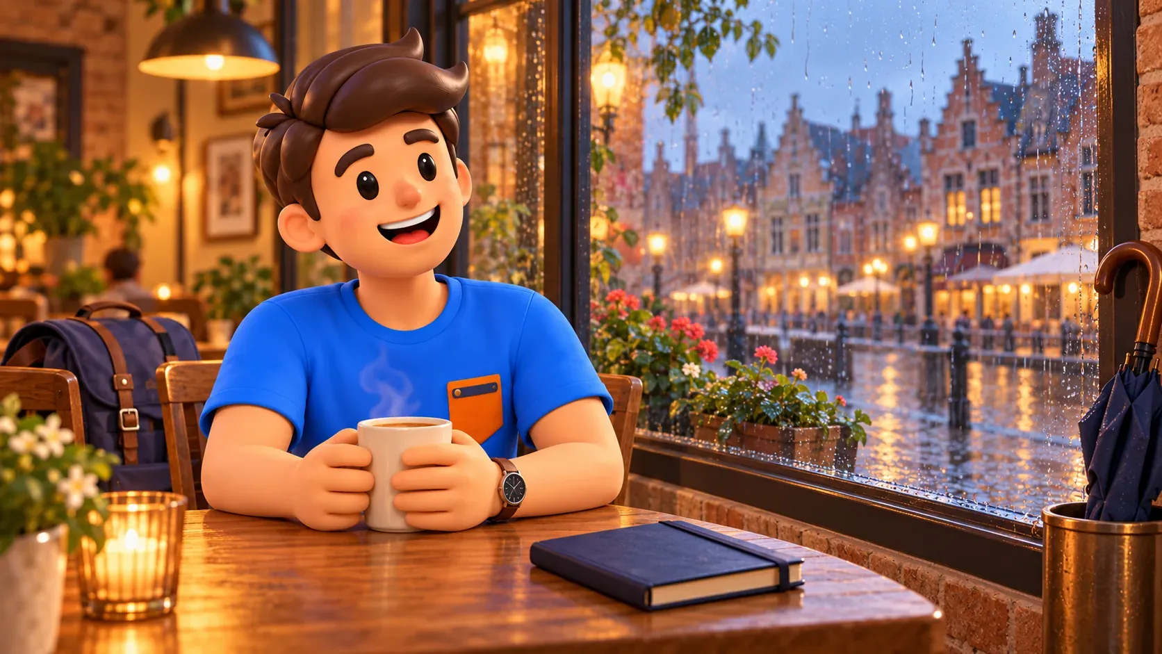 Personaje con ambas manos alrededor de una taza junto a una ventana lluviosa en una cafetería imaginada