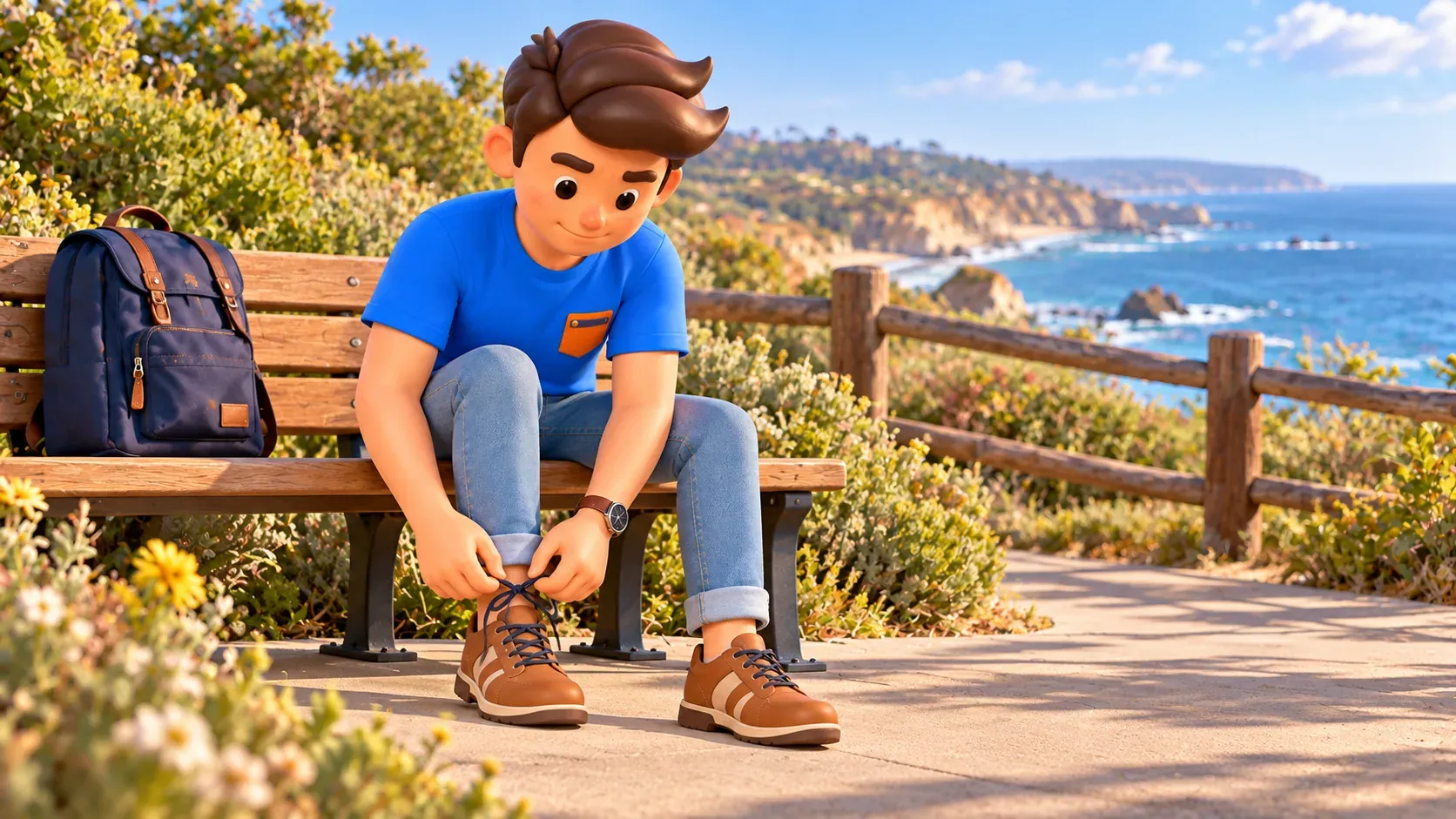 Traveler ties shoelaces on a bench before a coastal walk.