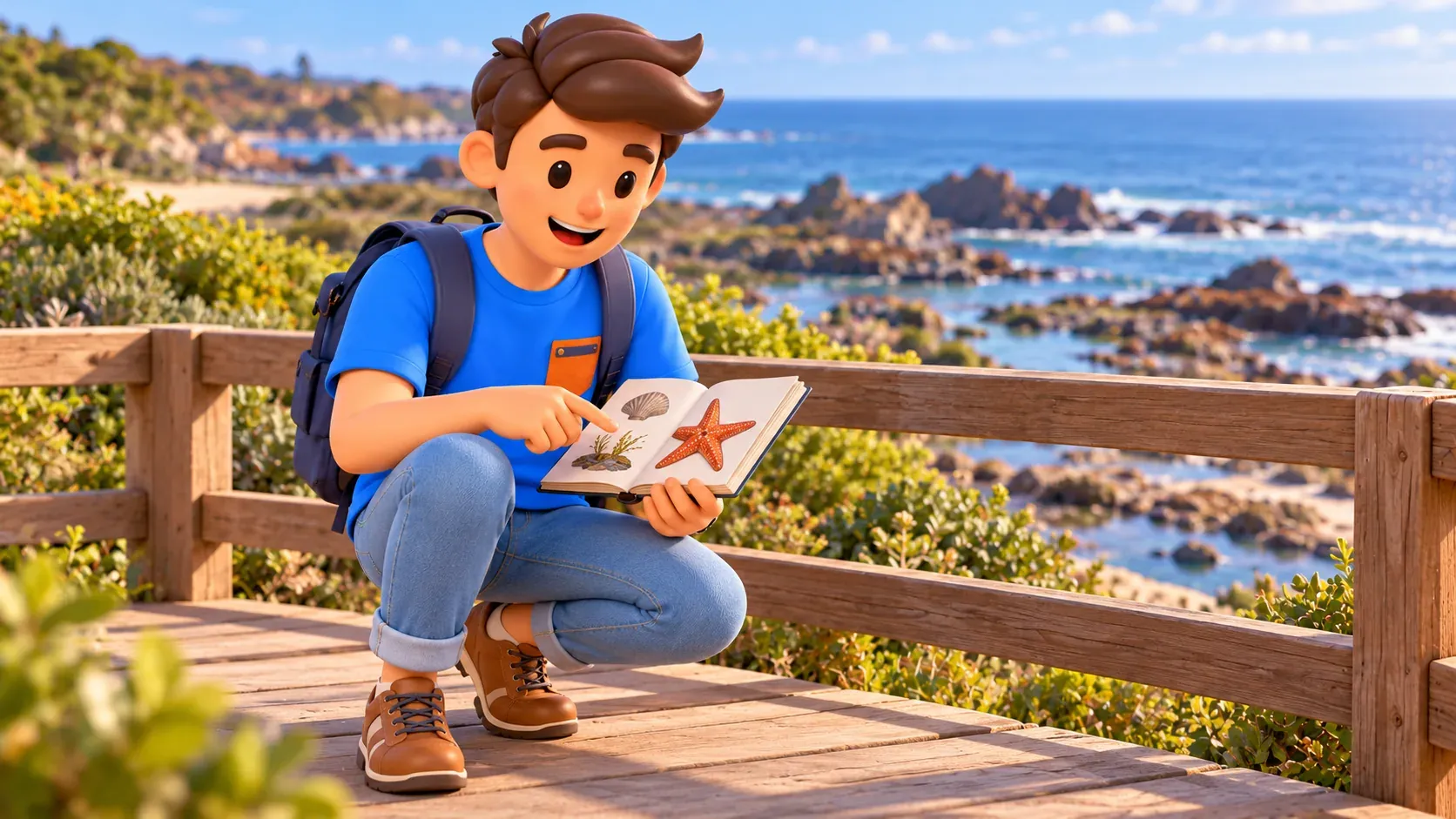 Traveler examines his own illustrated marine guide behind a viewing rail; illustration.