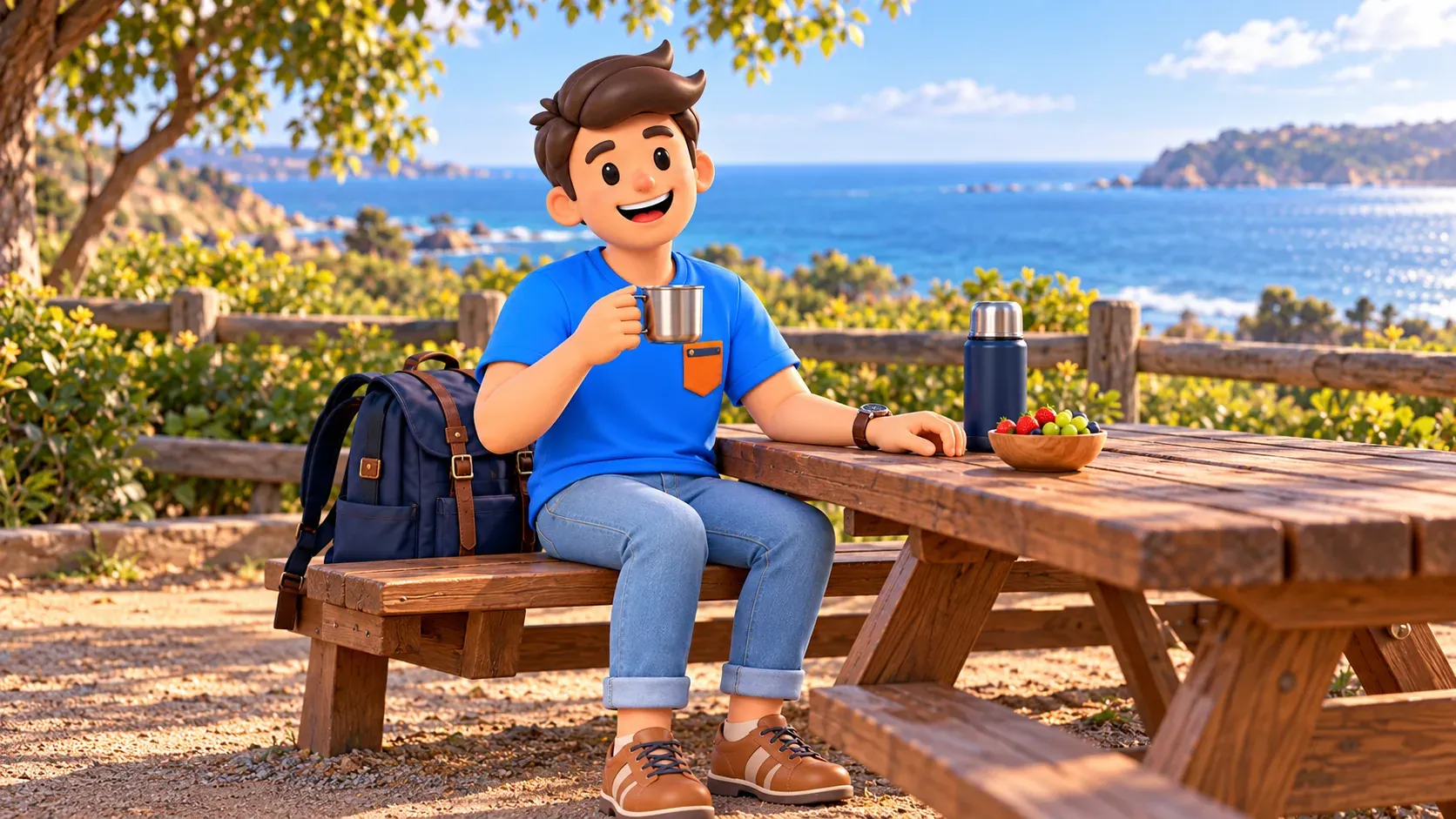 Traveler with a cup at a picnic table with a thermos and fruit; illustrated ocean break.