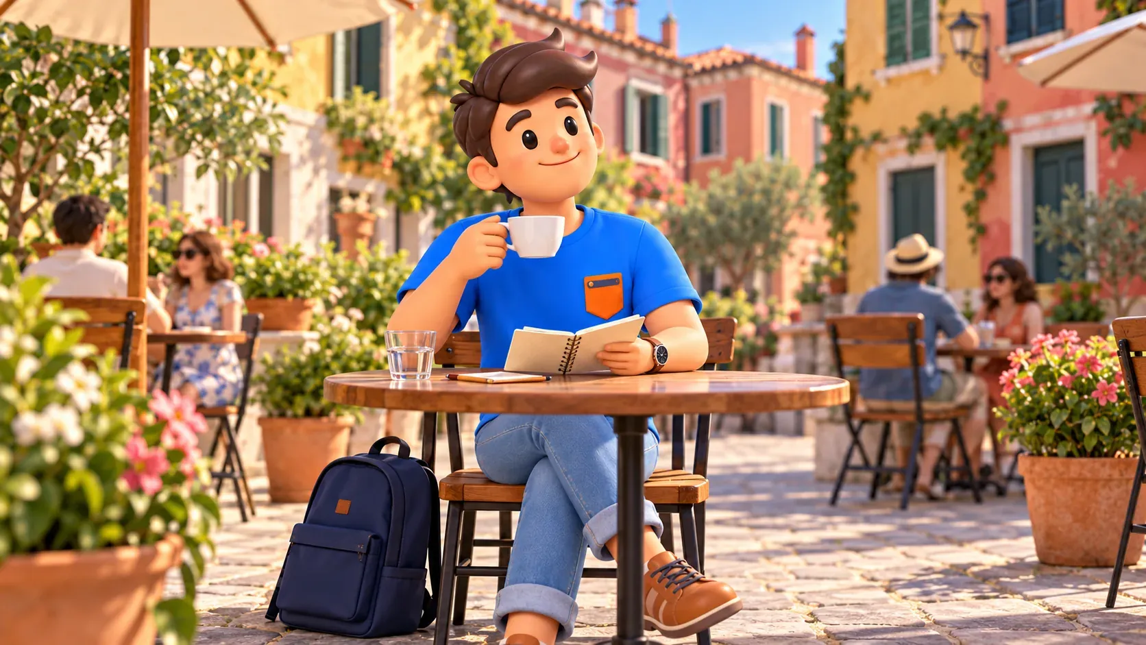 Ilustración conceptual de una pausa para café observando casas de una isla