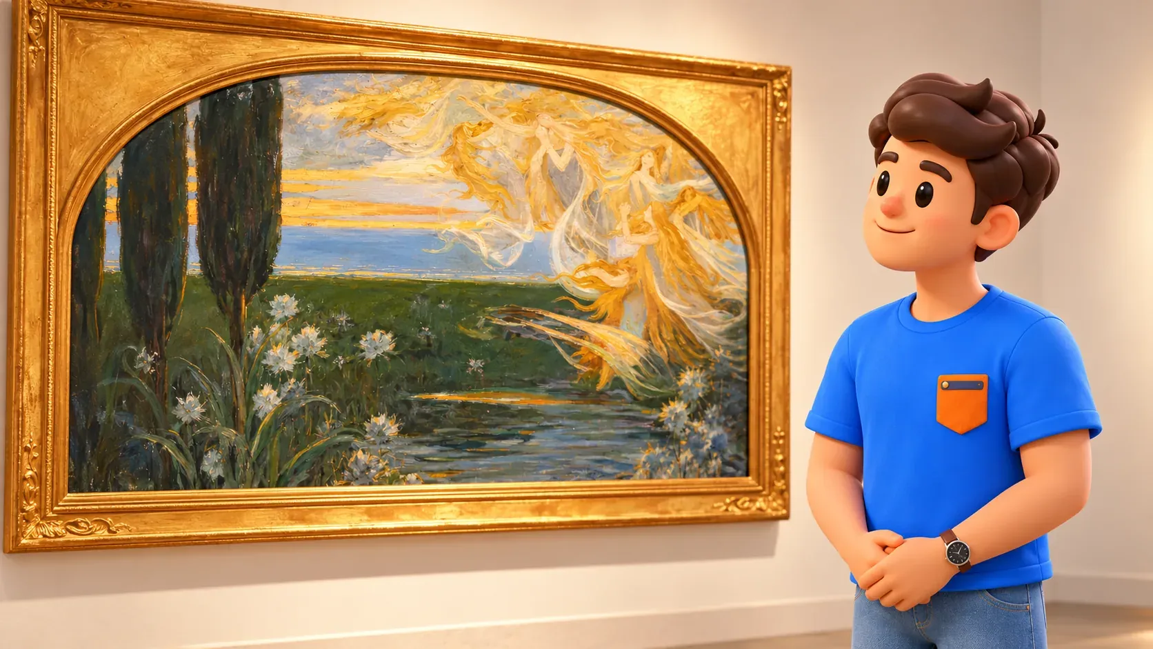 Ilustración de un viajero contemplando El rocío de Adrià Gual en un entorno museístico ilustrado.