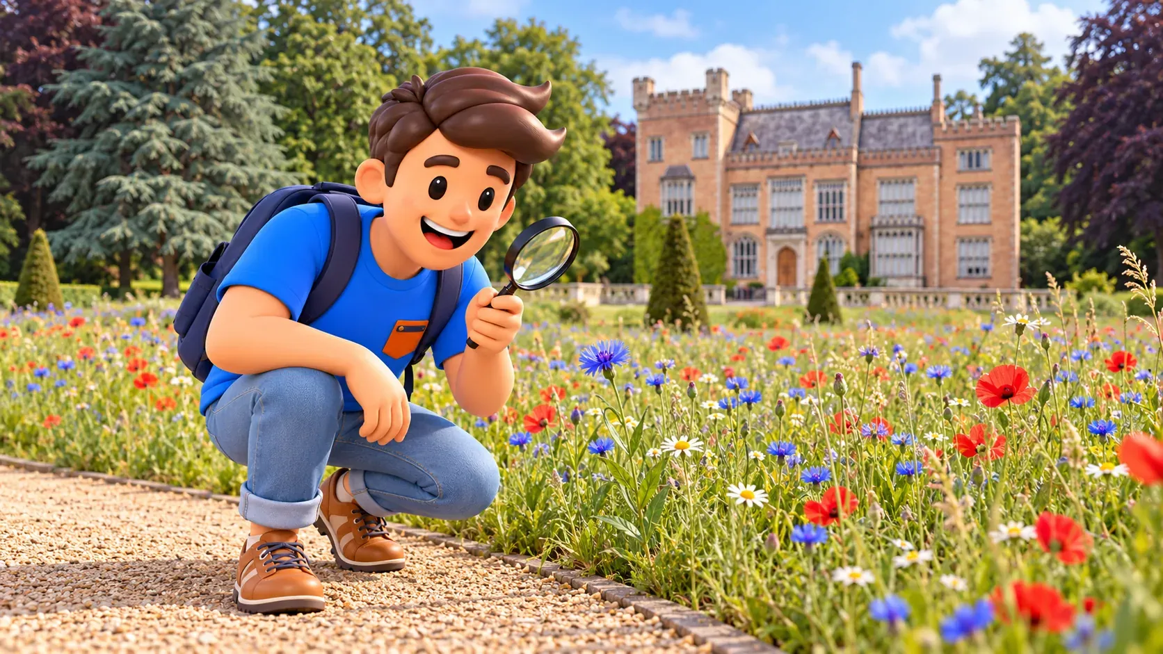 Character examining a flower with a magnifying glass from a path in the wild garden near Tudor Castle