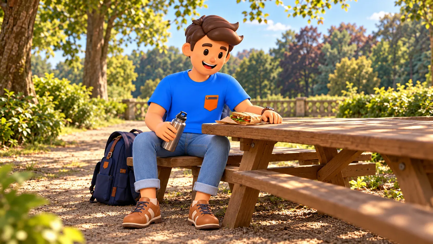 Character holding a water bottle beside a packed snack at an imagined woodland picnic table