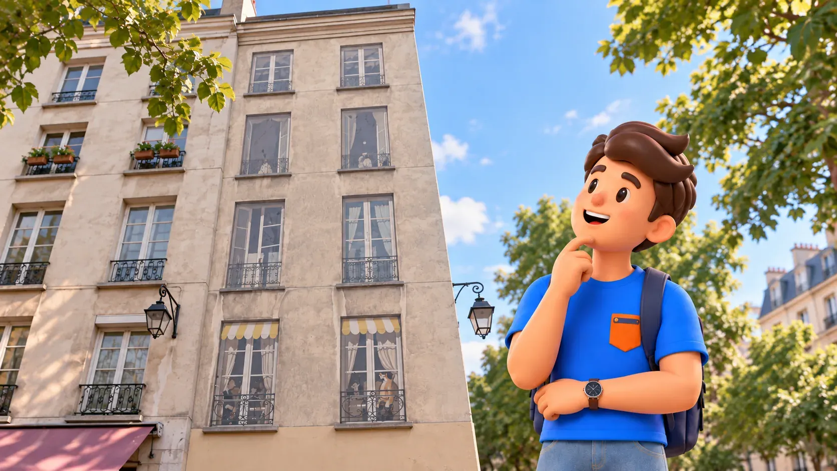 Mascot observing the painted windows at 29 Rue Quincampoix.