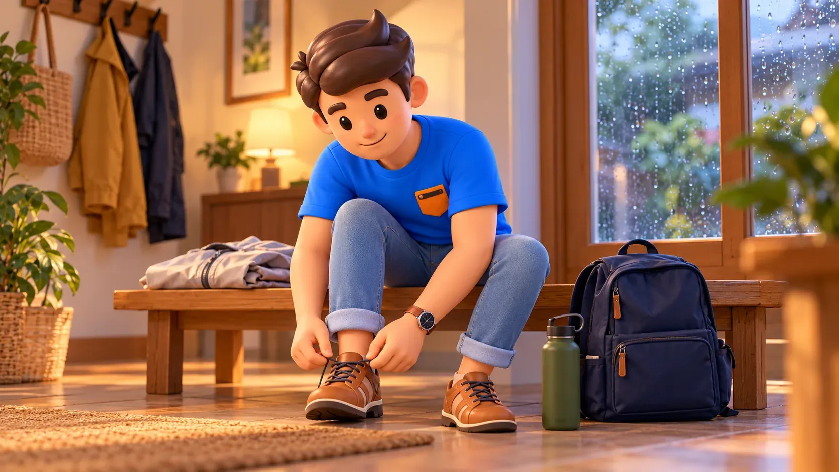 Conceptual illustration of a traveler tying his shoes at home beside a raincoat and water bottle before a walk.