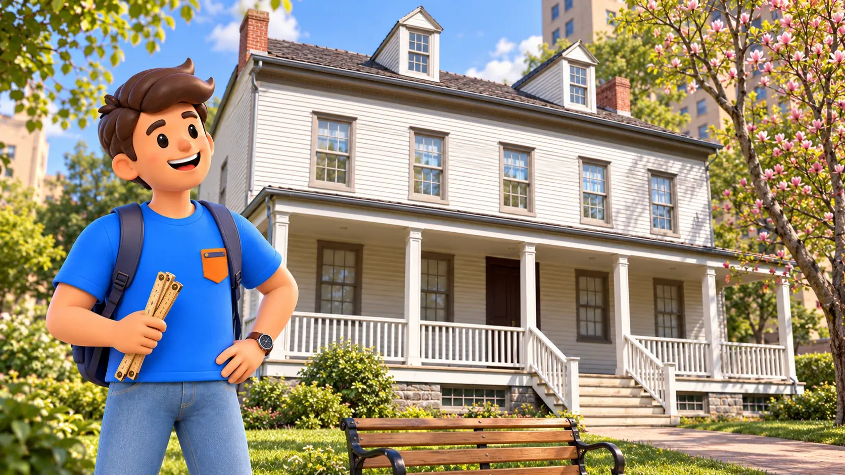 Illustration of a traveler with his own folding ruler outside white wooden Blackwell House on the northern option.