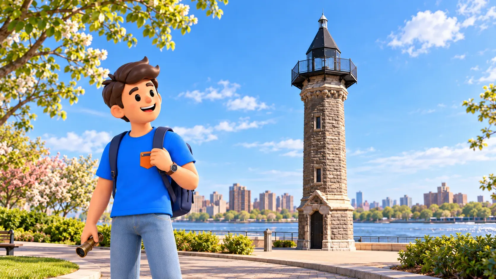 Illustration of a traveler with his own monocular near the lighthouse with its restored tall black lantern roof.