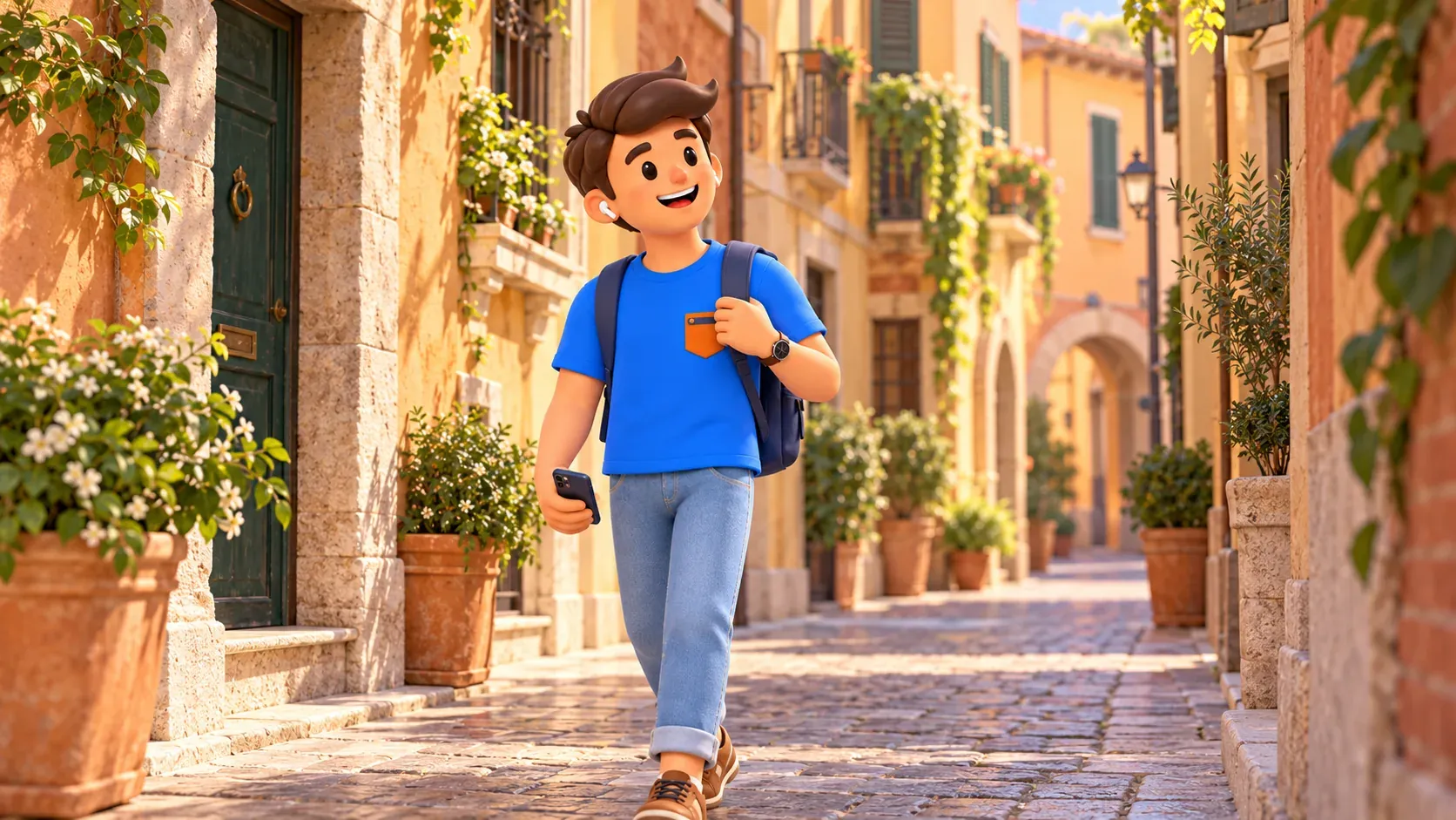 Viajero de RoadMe con auriculares observando casas en una calle residencial ilustrada