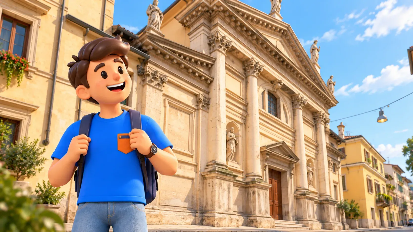 Viajero de RoadMe ante la fachada clásica de la iglesia Filippini, San Fermo Minore di Brà