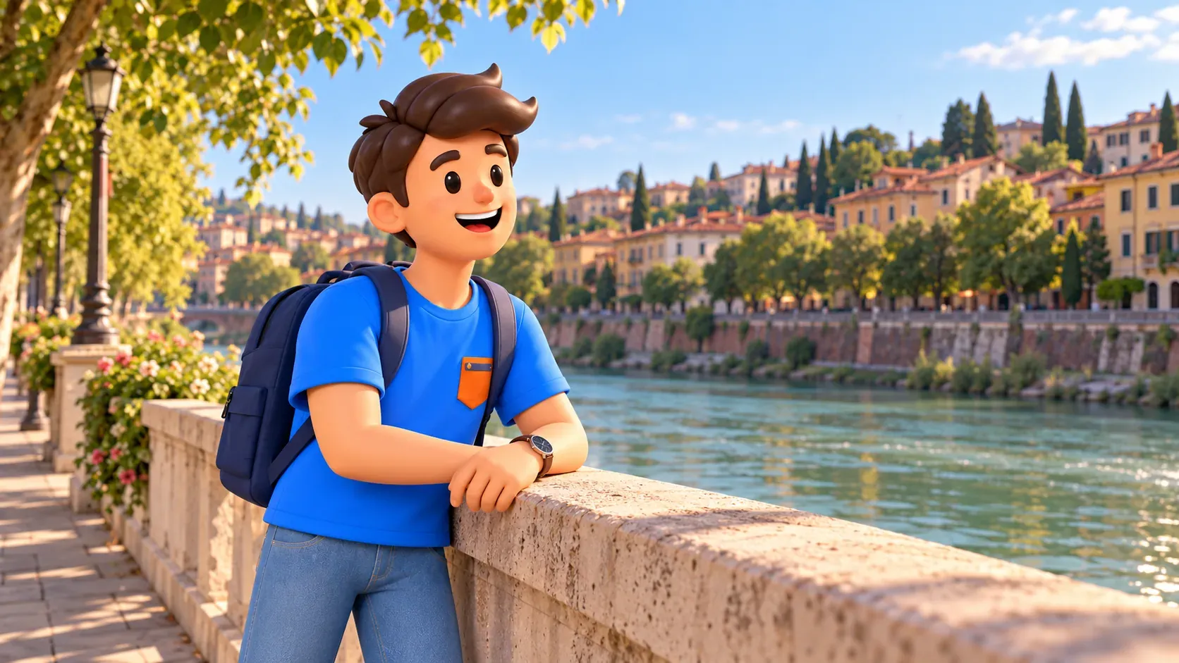 Viajero de RoadMe descansando junto a un parapeto en una escena fluvial ilustrada