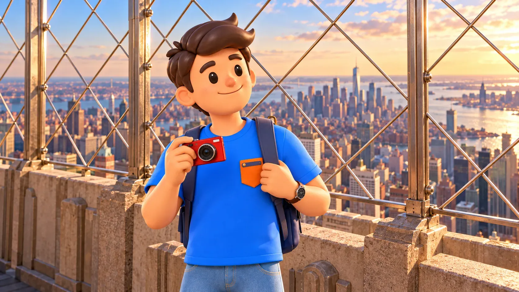 Voyageur avec appareil rouge près des grilles d’un observatoire inspiré de l’Empire State Building.
