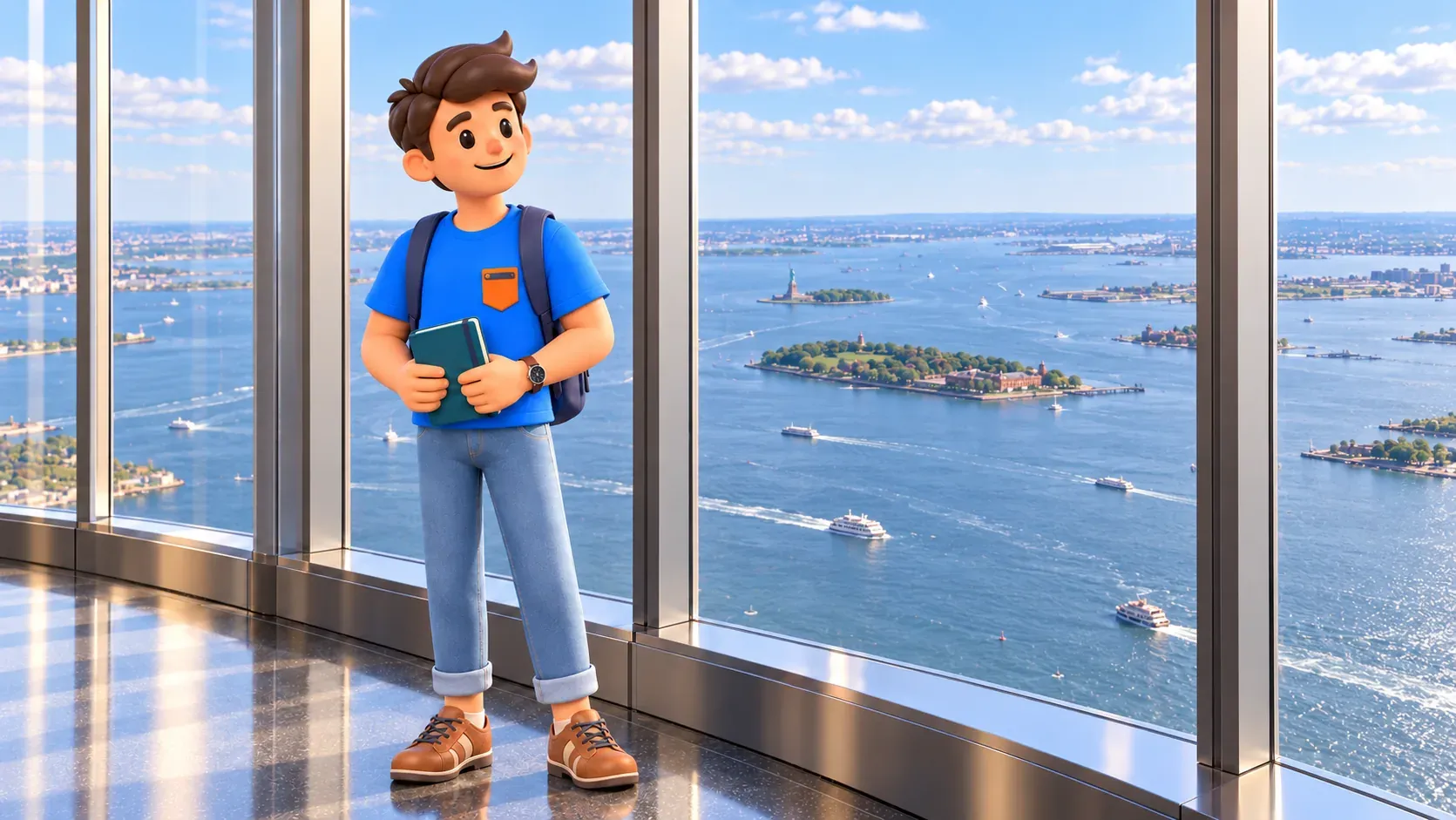 Voyageur avec carnet bleu-vert devant une baie sur le port, dans une scène inspirée de One World Observatory.