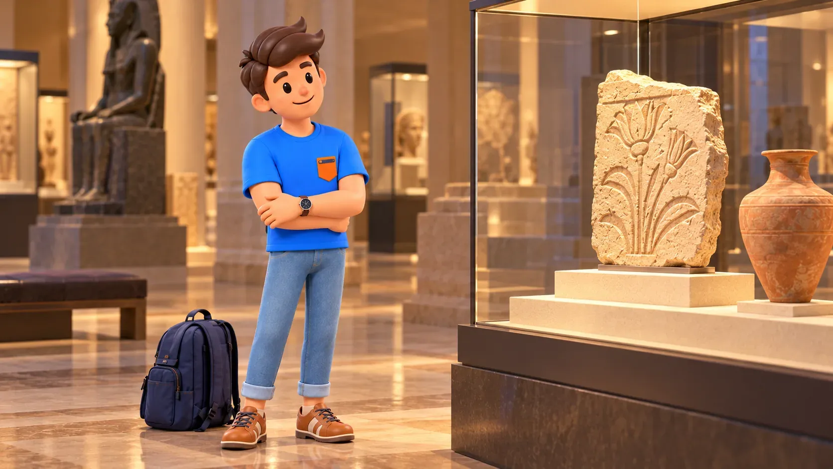 Die Figur betrachtet ein erfundenes antikes Relief in einer imaginären Galerie