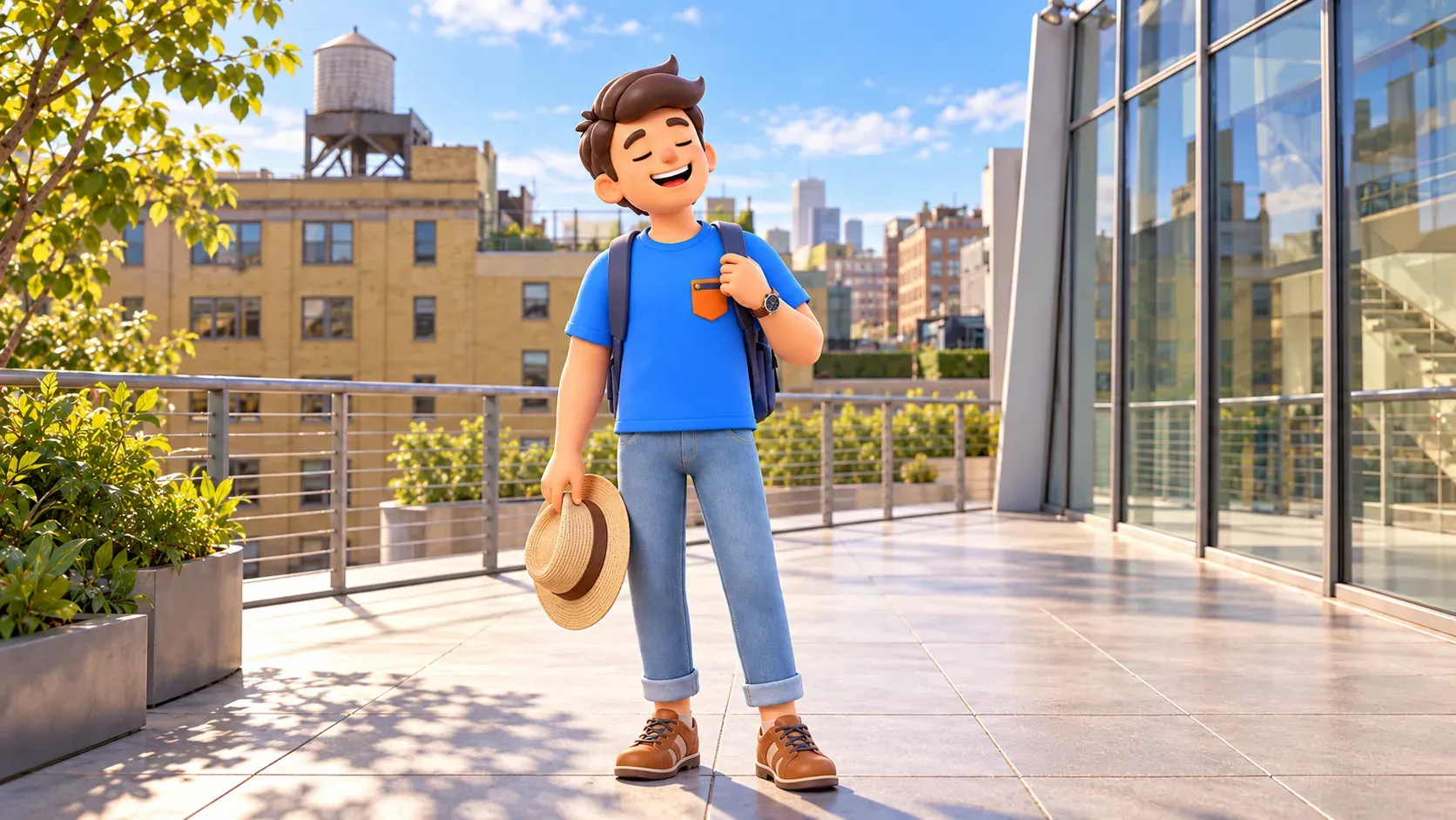 Die Figur ruht mit eigenem Hut auf einer vom Whitney inspirierten Terrasse