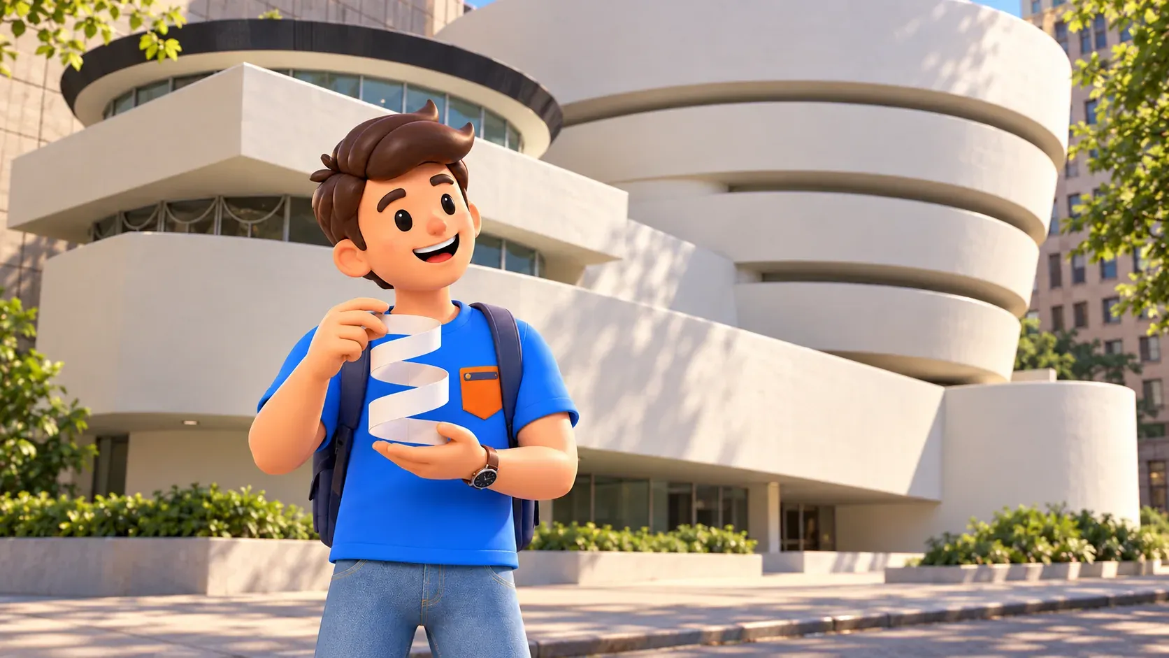 Die Figur vergleicht ihre Papierspirale mit der Form des Guggenheim