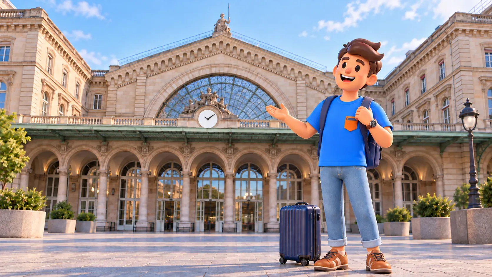 Un viajero con maleta observa la ventana semicircular y las arcadas de Gare de l’Est desde la explanada