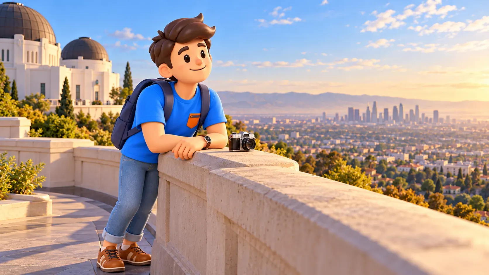 Le voyageur s’appuie sur un parapet près d’un observatoire stylisé, avec appareil photo et vue urbaine.