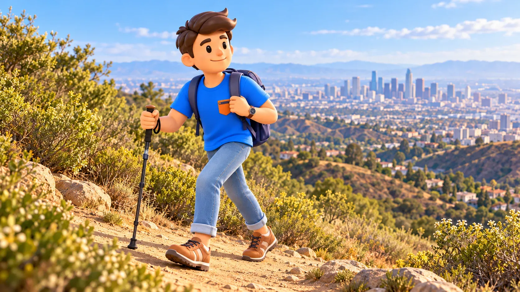 Le voyageur marche dans les collines californiennes avec un bâton ; illustration.