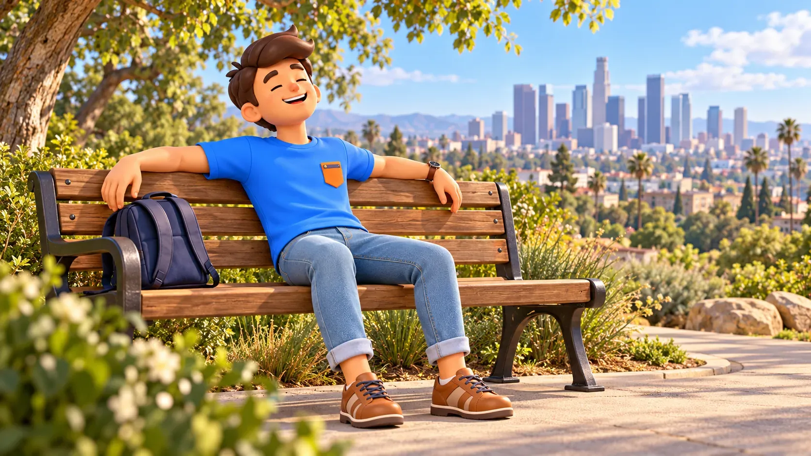 Le voyageur se repose sur un banc parmi la verdure devant les tours de Downtown ; illustration.