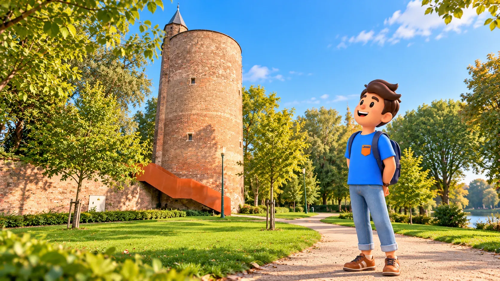 Personnage sur un chemin du parc regardant la Tour à poudre ronde