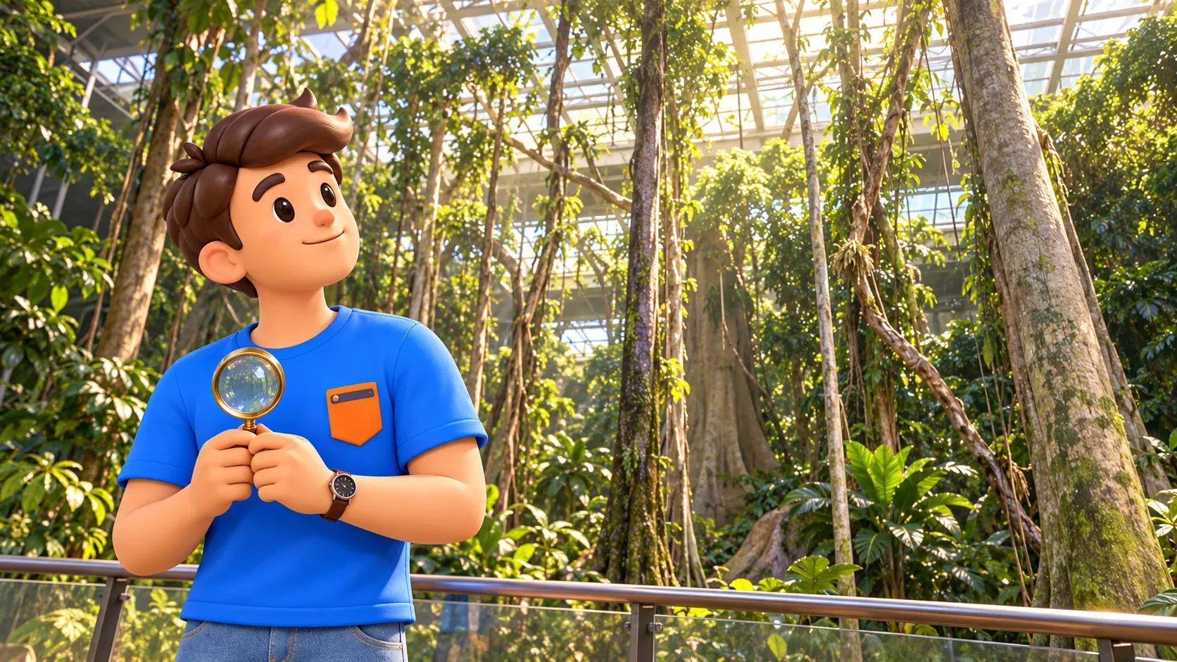 Illustration of a traveller holding a magnifying glass before trees and vines in CosmoCaixa’s Flooded Forest under its glass roof.