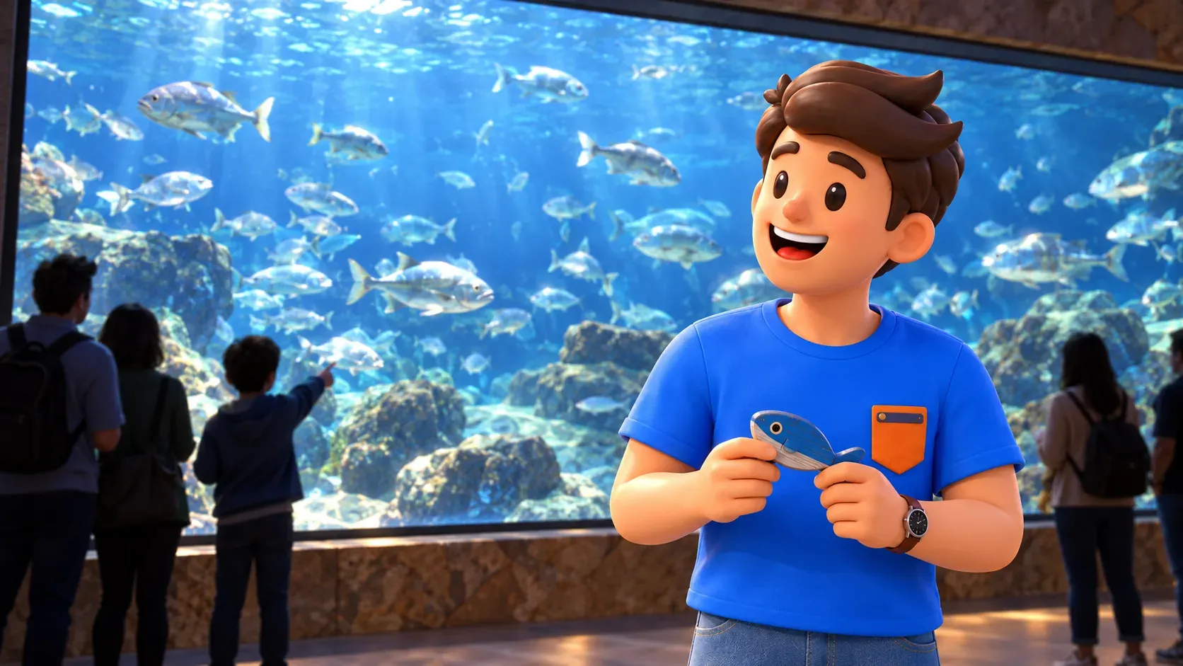 Illustration of a traveller holding a wooden toy fish beside a wide rectangular aquarium window with silver fish.