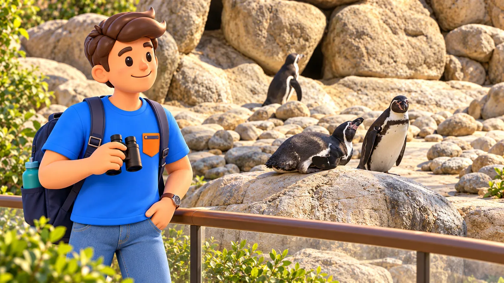 Illustration of a traveller holding binoculars and observing black-and-white penguins on rocks from the visitor side of a barrier.