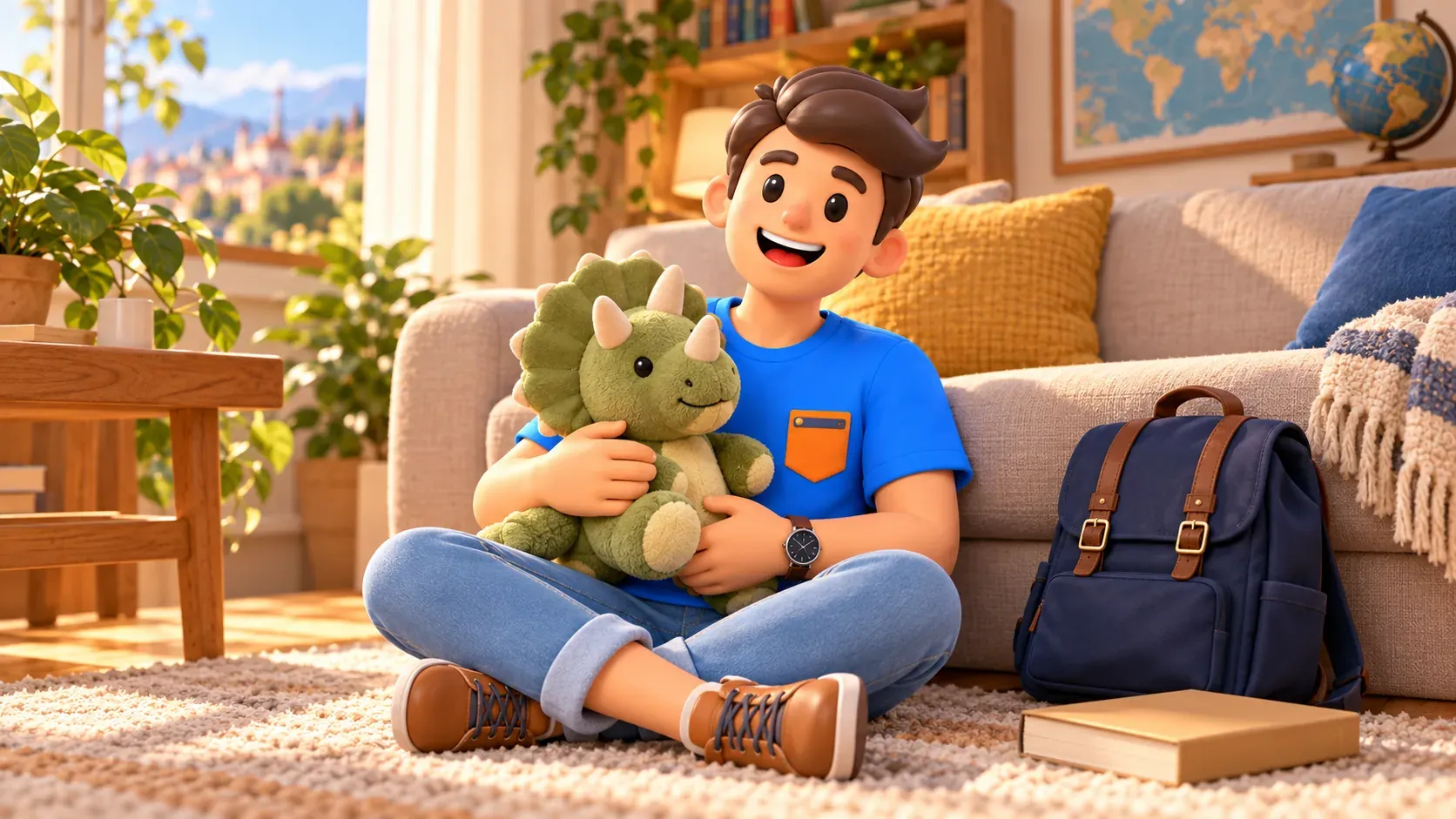 Illustration imaginaire d’un voyageur avec son dinosaure en peluche chez lui, pas un objet du musée.