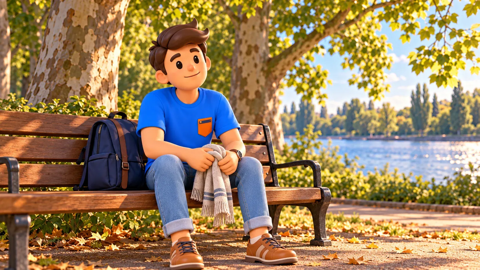 Illustration: Traveller resting with a folded scarf on a bench near the river.