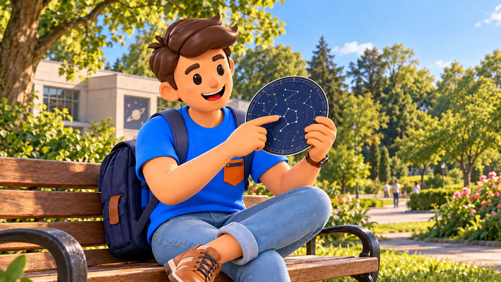 Illustration: Traveller examining a star chart near an astronomy education building.