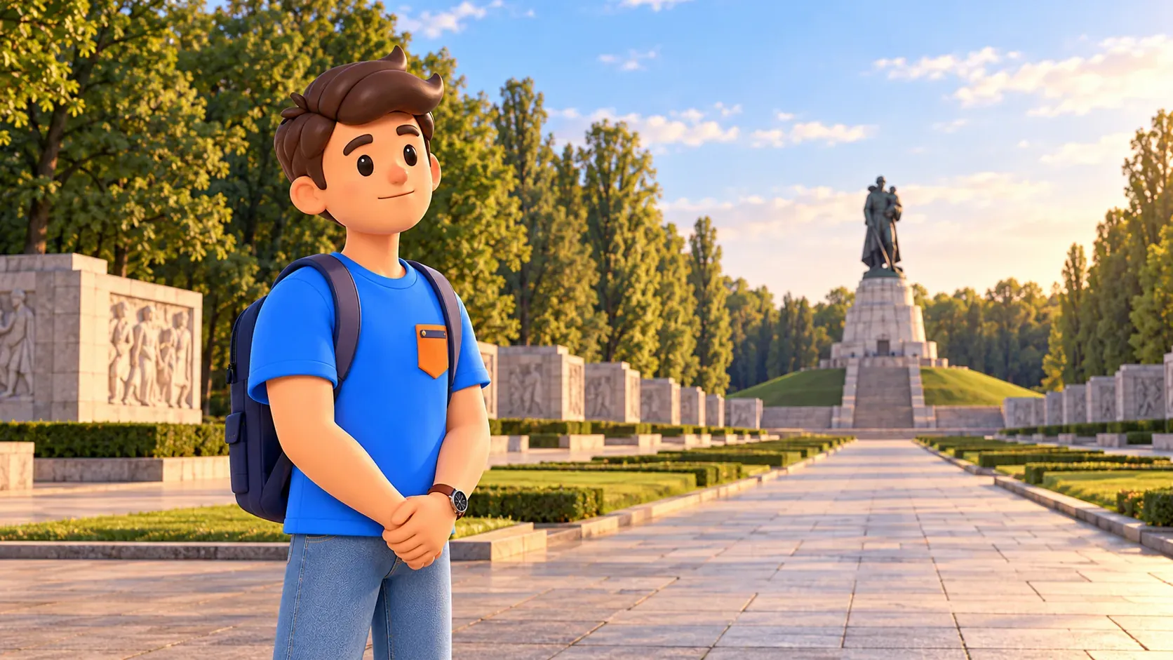 Illustration: Traveller standing quietly on the avenue of a memorial park.