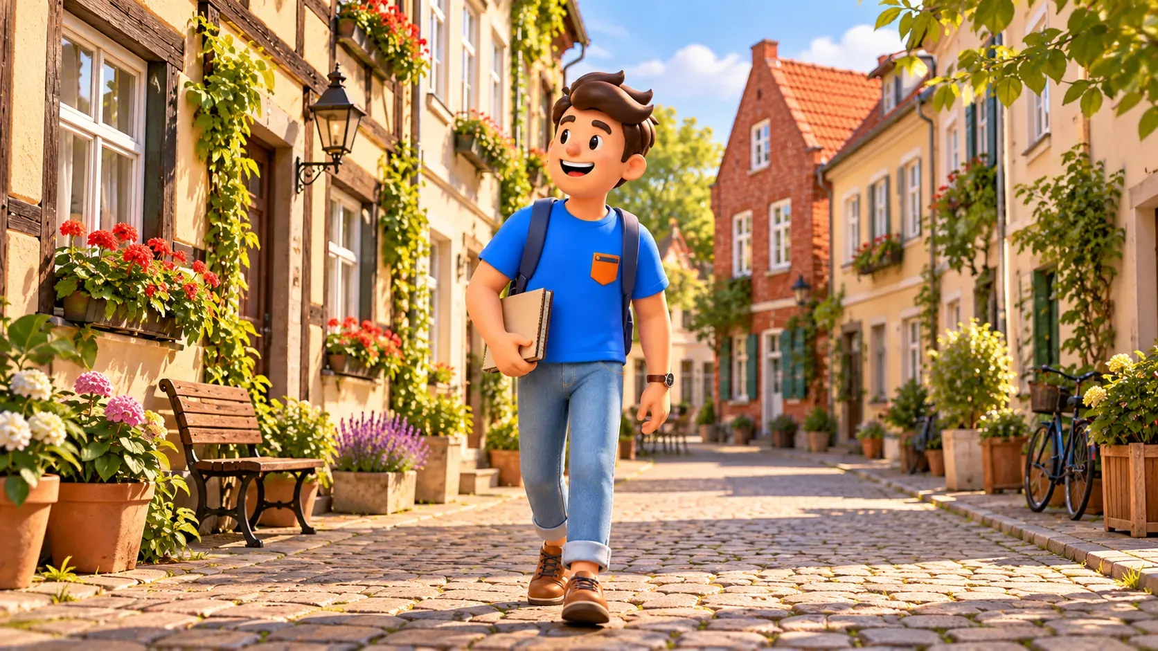 Illustration eines Reisenden mit Skizzenbuch in einer kleinen gepflasterten Altstadtgasse.