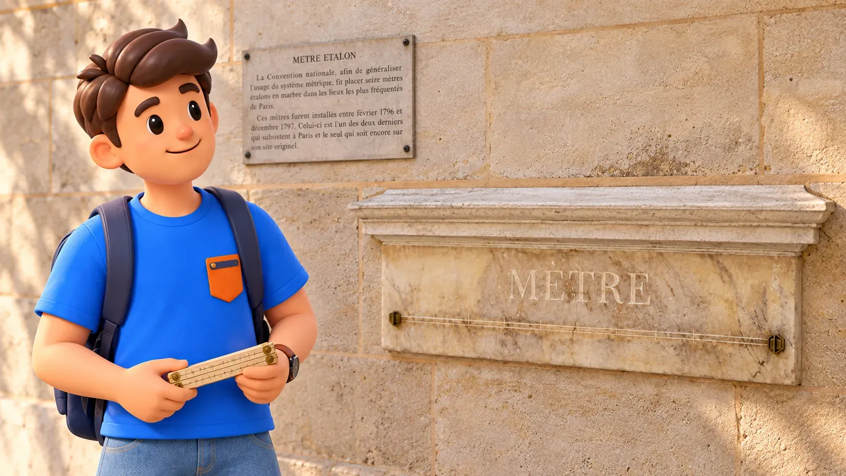 Figur mit zusammengefaltetem Zollstock beim Metermaß an der Rue de Vaugirard