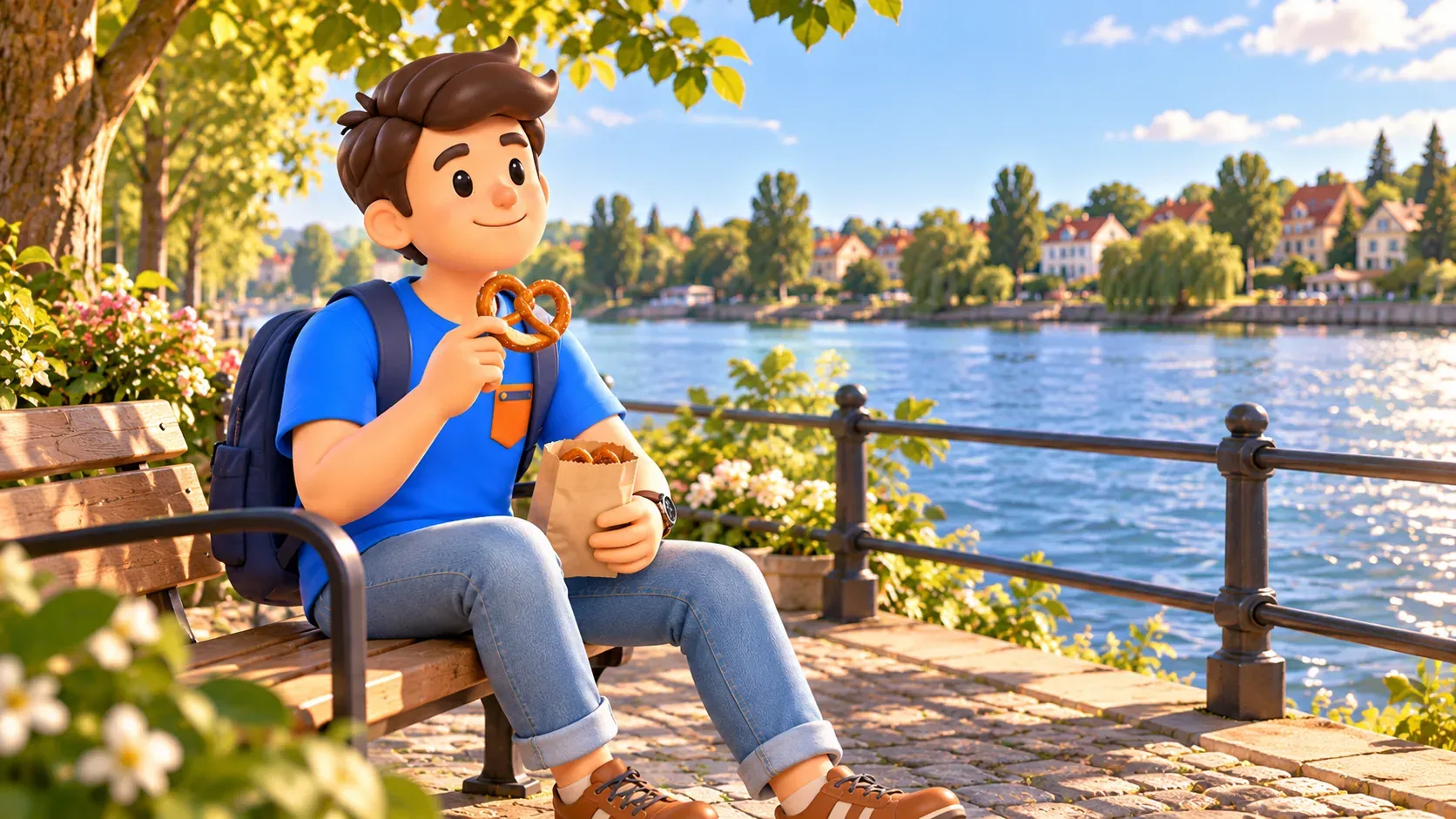 Illustration eines Reisenden mit Brezel auf einer Bank am Fluss.