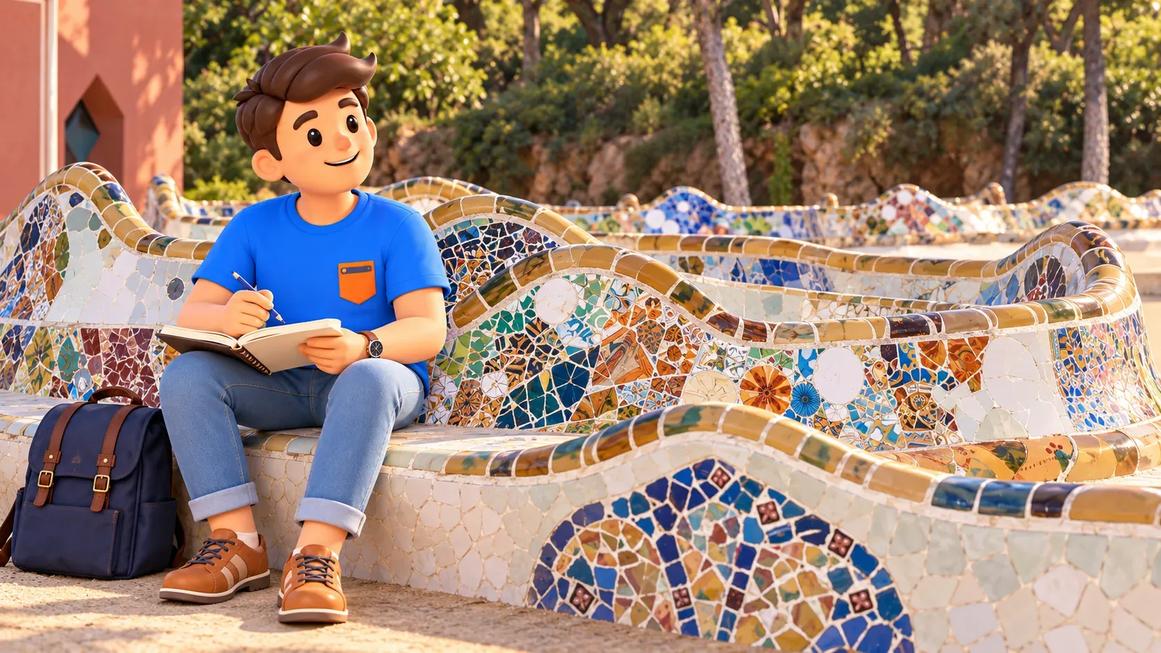 Ilustración de un viajero dibujando en su cuaderno sentado en el banco sinuoso de mosaico del Park Güell.