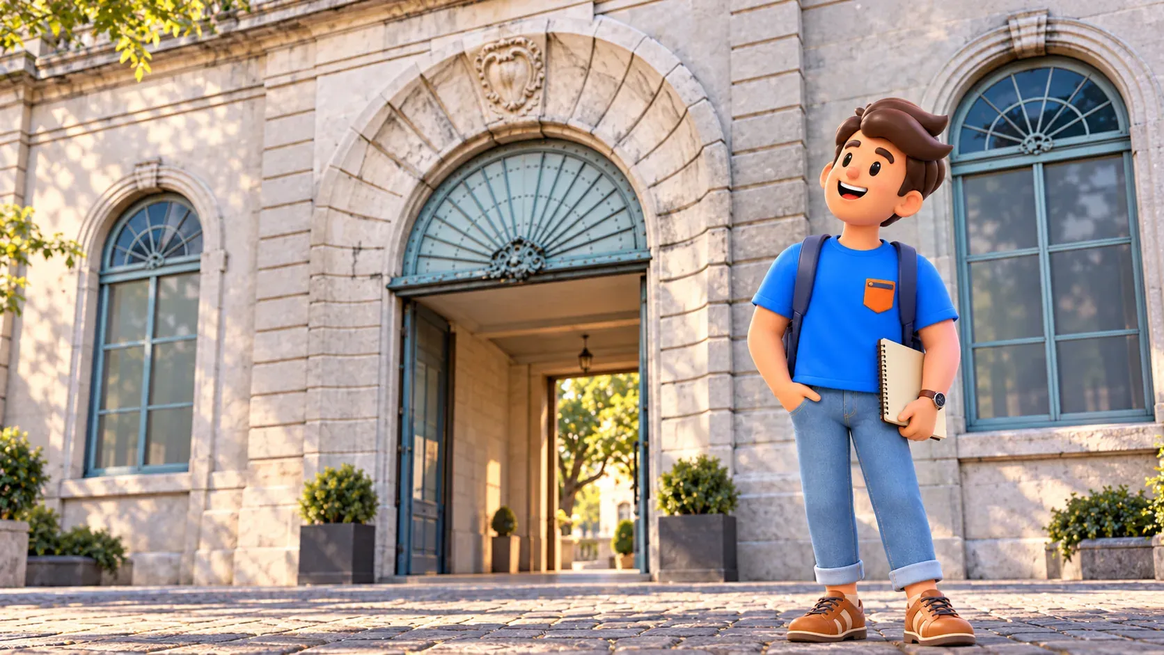 Personaje con cuaderno junto a un paso histórico de piedra del barrio de los museos