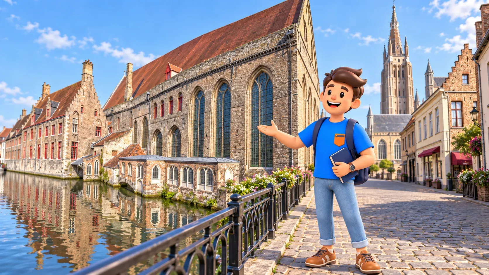 Personaje señalando el antiguo Hospital de San Juan junto al canal y Mariastraat